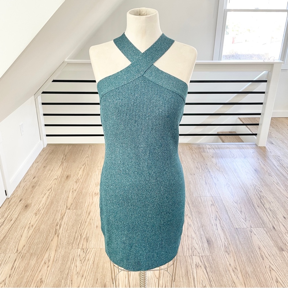 NWT L sincerely Julz, teal blue green body, con stretchy, glittery dress